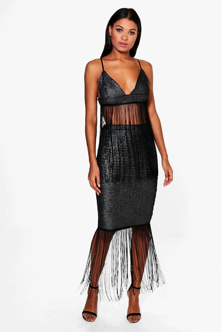 Boohoo Haven Metallic Tassle Longline Midi Skirt Black