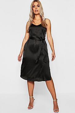 Boohoo Plus Satin Belted Midi Dress