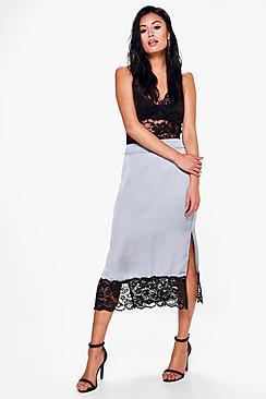 Boohoo Niamh Lace Hem Satin Side Split Midi Skirt