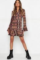 Boohoo Snake Print Ruffle Hem Shirt Dress