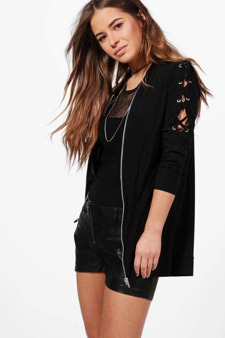 Boohoo Petite Lola Lace Up Sleeve Bomber Jacket Black