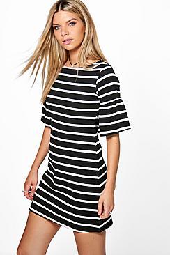 Boohoo Rosie Stripe Ruffle Sleeve Shift Dress