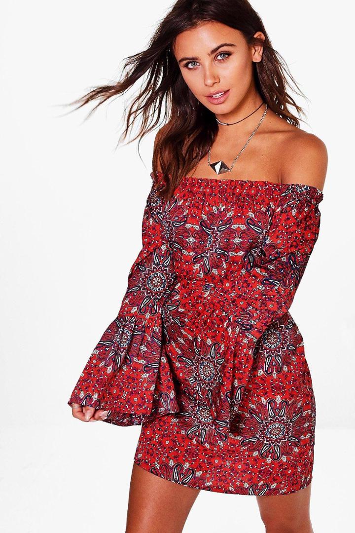 Boohoo Petite Claire Woven Paisley Off The Shoulder Dress Red