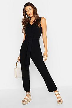 Boohoo Linen Pocket Tie Waist Jumpsuit