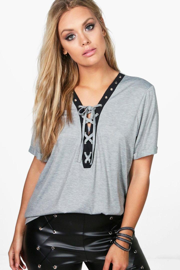Boohoo Plus Blair Eyelet Lace Up Roll Sleeve Top Grey