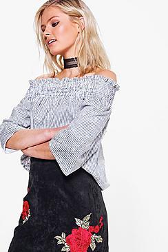 Boohoo Sarah Striped Woven Off The Shoulder Top