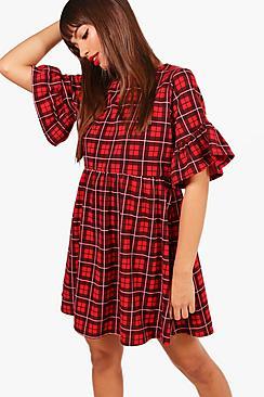 Boohoo Irine Red Check Ruffle Sleeve Smock Dress