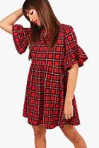 Boohoo Irine Red Check Ruffle Sleeve Smock Dress