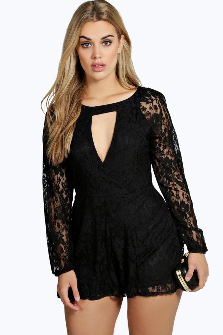 Boohoo Plus Amber Lace Wrap Front Playsuit Black