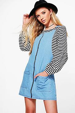 Boohoo Laura Zip Through Patch Pocket Denim Pinafore Dress