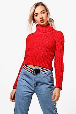 Boohoo Aimee Cropped Roll Neck Cable Knit Jumper