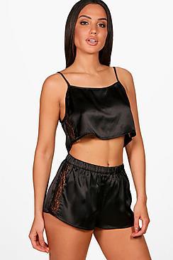 Boohoo Violet Satin & Lace Insert Cami & Short Set
