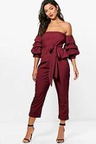 Boohoo Bao Tie Waist Bardot And Woven Trouser Set