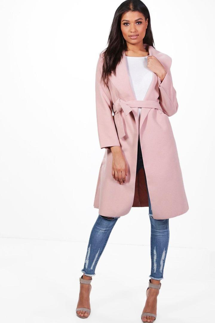 Boohoo Tamara Belted Shawl Collar Coat Blush