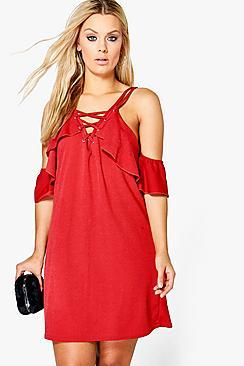 Boohoo Plus Julia Lace Up Ruffle Cold Shoulder Swing Dress