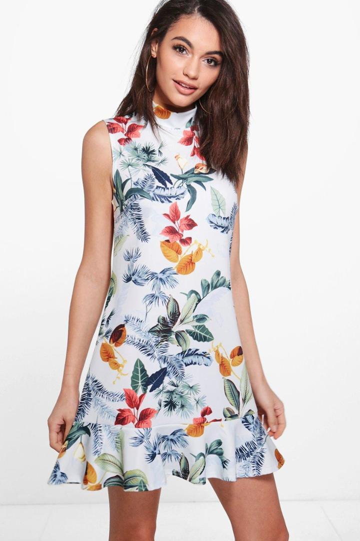 Boohoo Ellie High Neck Floral Frill Hem Sleeveless Shift Dress Multi