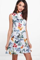 Boohoo Ellie High Neck Floral Frill Hem Sleeveless Shift Dress Multi