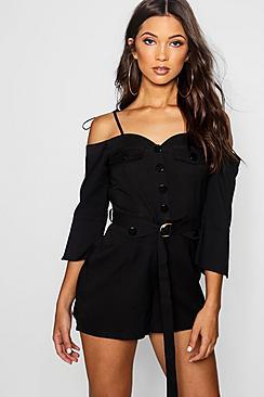 Boohoo Cold Shoulder Button Detail Playsuit