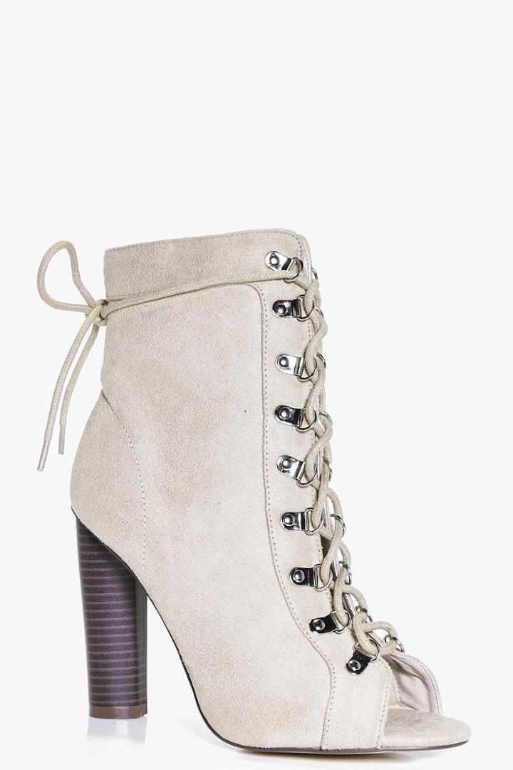 Boohoo Rebecca Lace Up Block Heel Shoe Boot Stone