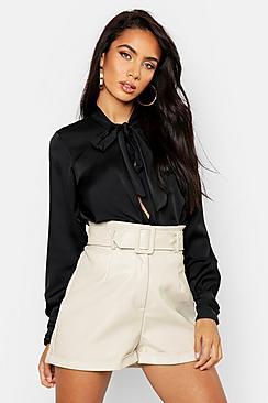 Boohoo Satin Wrap Neck Tie Blouse