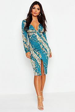 Boohoo Chain Print Twist Front Midi Dress