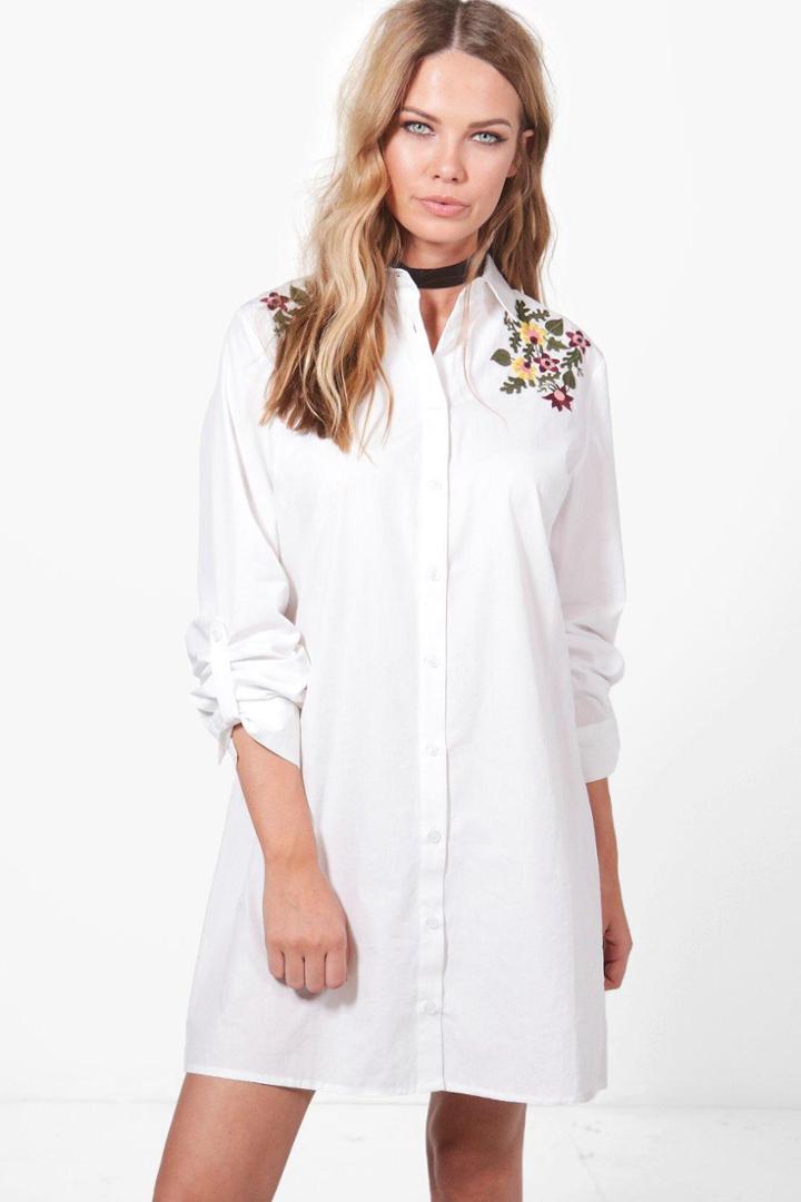 Boohoo Lila Embroidered Front & Back Shirt Dress White