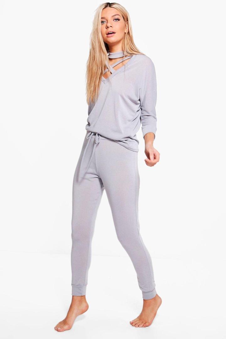 Boohoo Lois Choker Jumper & Jogger Knitted Lounge Set Grey