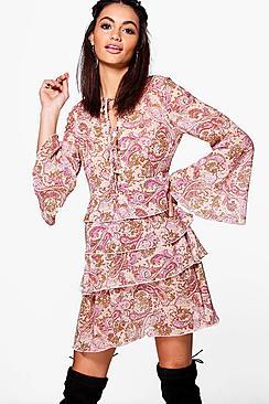 Boohoo Freida Paisley Tie Front Ruffle Skater Dress
