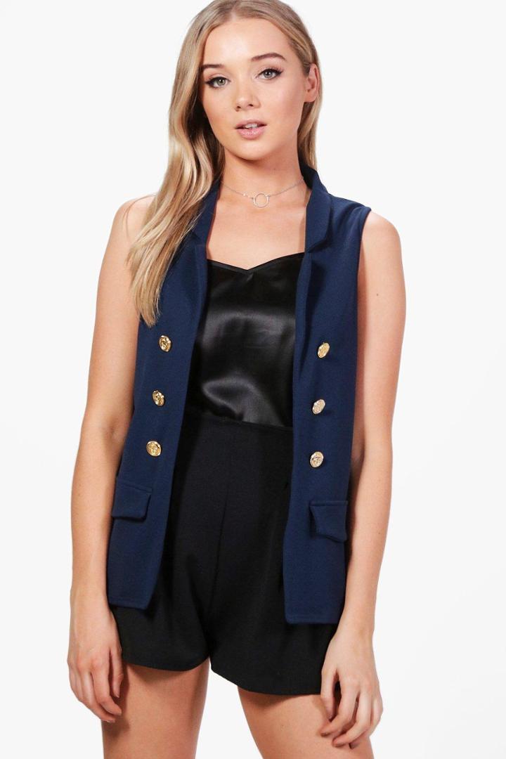 Boohoo Ella Button Front Sleeveless Blazer Navy