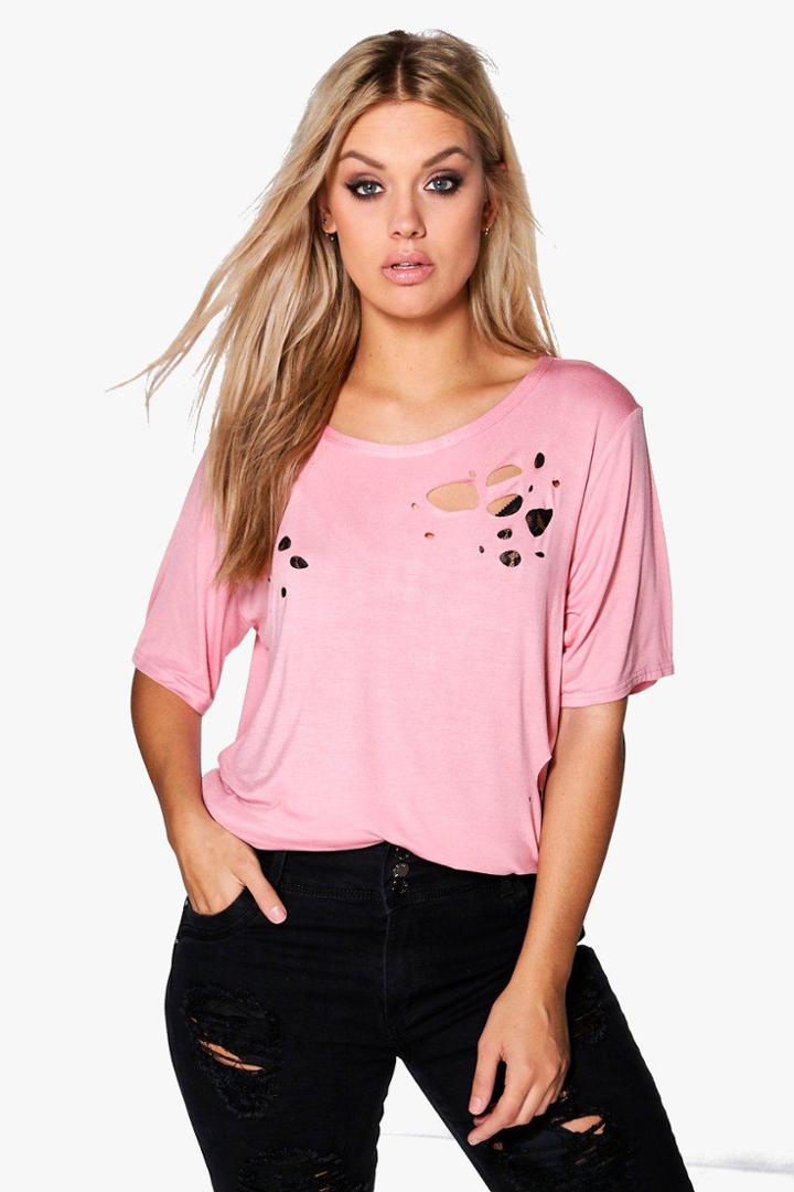 Boohoo Plus Sara Distressed T Shirt Rose