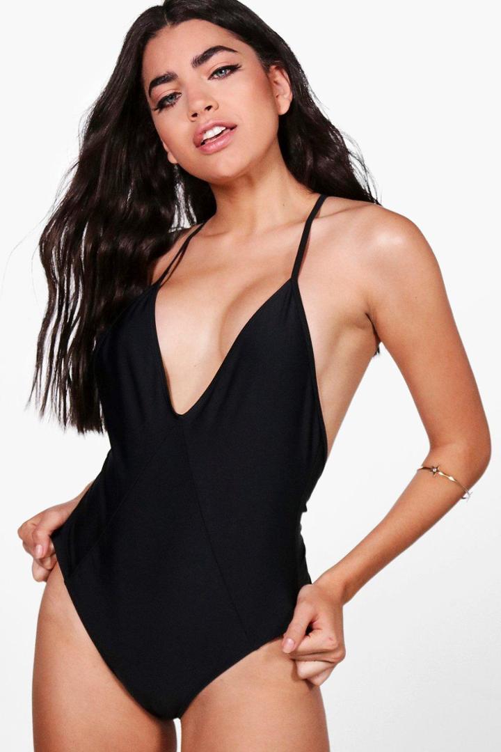 Boohoo Hamptons Plunge V Back Bathing Suit Black
