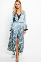 Boohoo Molly Floral Satin Lace Sleeve Maxi Kimono Grey