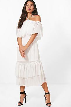 Boohoo Grace Chiffon Frill Off Shoulder Midi Dress