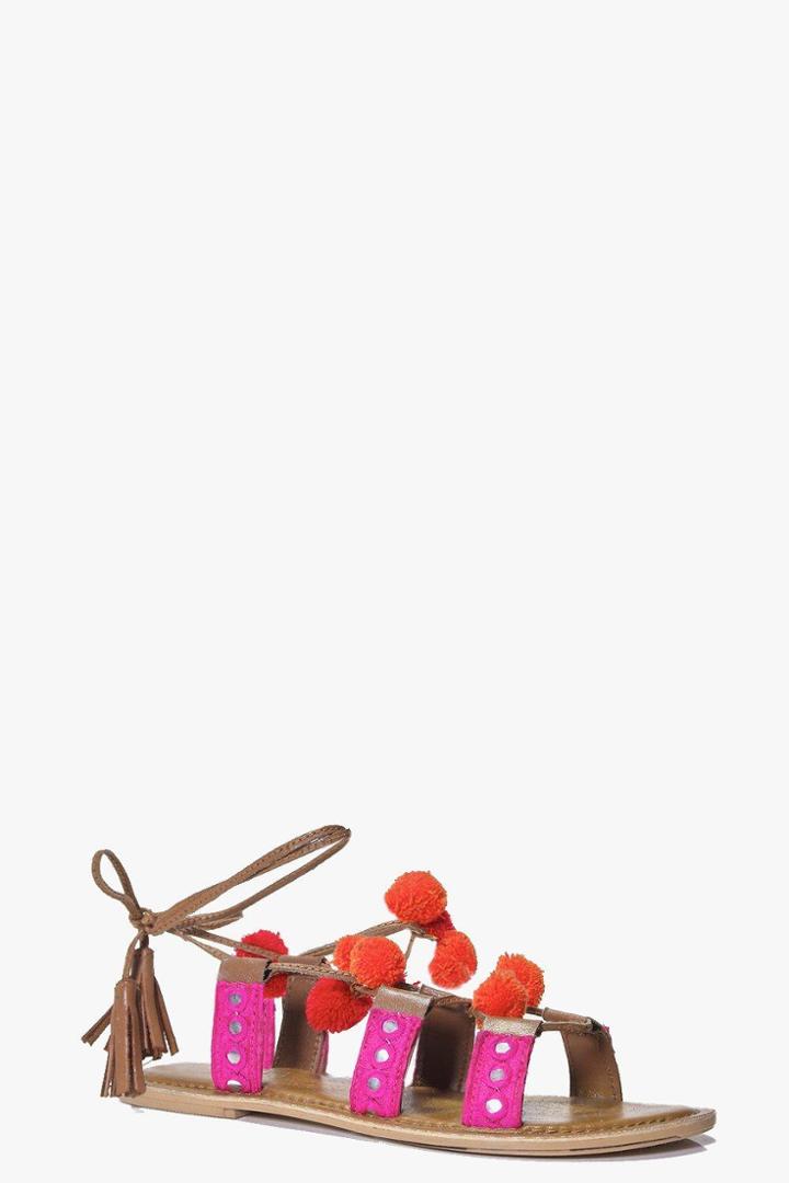 Boohoo Boutique Bella Pom Trim Tie Sandal Tan