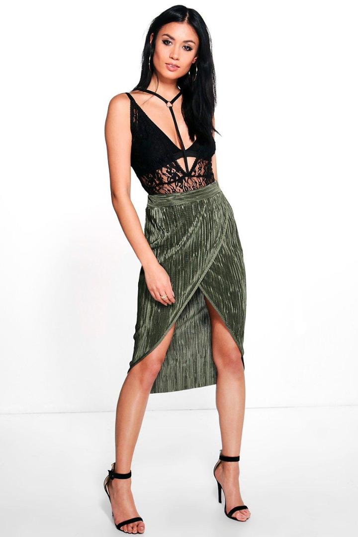 Boohoo Liberty Pleat Wrap Front Midi Skirt Khaki