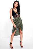 Boohoo Liberty Pleat Wrap Front Midi Skirt Khaki