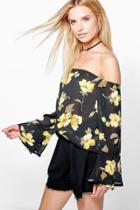 Boohoo Mia Floral Frill Sleeve Bardot Top Black