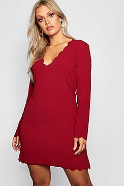 Boohoo Plus Scallop Edge Sleeved Skater Dress
