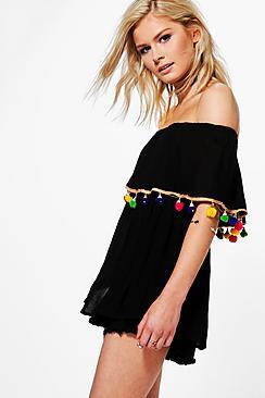 Boohoo May Mixed Pom Pom Hem Woven Off The Shoulder Top