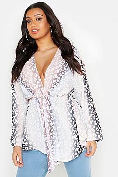 Boohoo Plus Ombre Leopard Woven Wrap Top