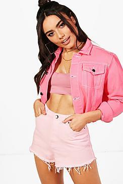 Boohoo Clara Pink Cropped Contrast Stitch Denim Jacket