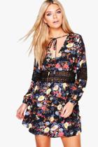 Boohoo Lucy Floral Lace Insert Tie Neck Skater Dress Black