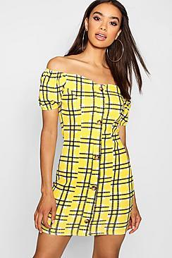Boohoo Puff Sleeve Off The Shoulder Checked Mini Dress