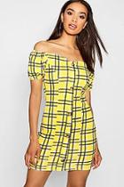 Boohoo Puff Sleeve Off The Shoulder Checked Mini Dress