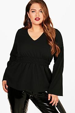 Boohoo Plus Molly Shirred Waist Wide Sleeve Blouse