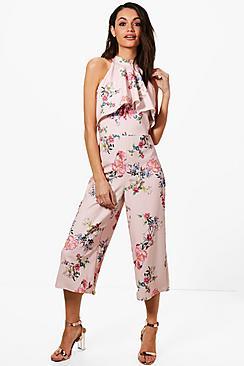 Boohoo Claire Floral High Neck Culotte Jumpsuit