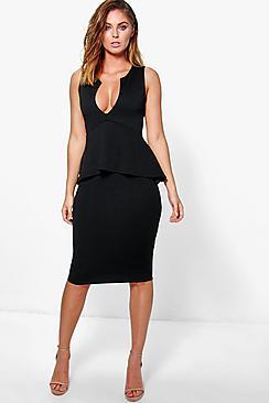 Boohoo Harlie V Neck Peplum Midi Dress