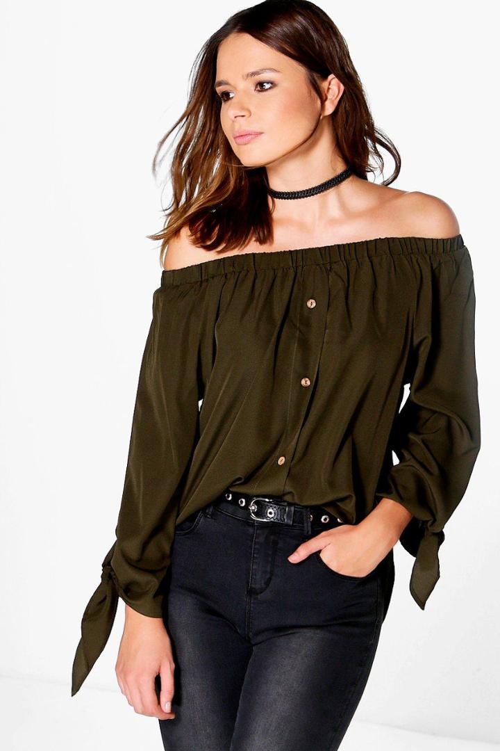 Boohoo Molly Woven Button Through Off The Shoulder Top Khaki