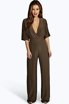 Boohoo Petite Elle Wrap Front Wide Leg Jumpsuit