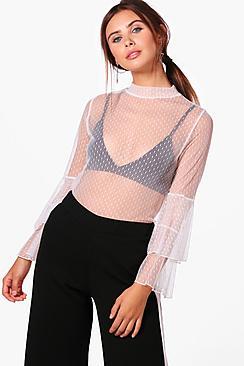 Boohoo Petite Katy Spot Mesh Ruffle Sleeve Blouse